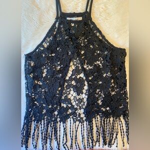 Black boho crochet lacey fringe tank top see through sheer festival shirt